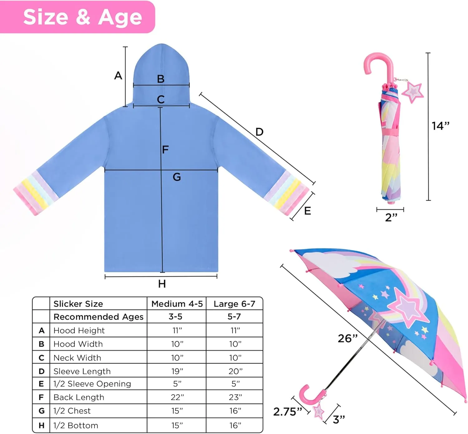 addie & tate Kids Umbrella for Girls and Boys & Rain Coats Set -Toddler Umbrellas Kids Raincoat Boys Girls Jacket