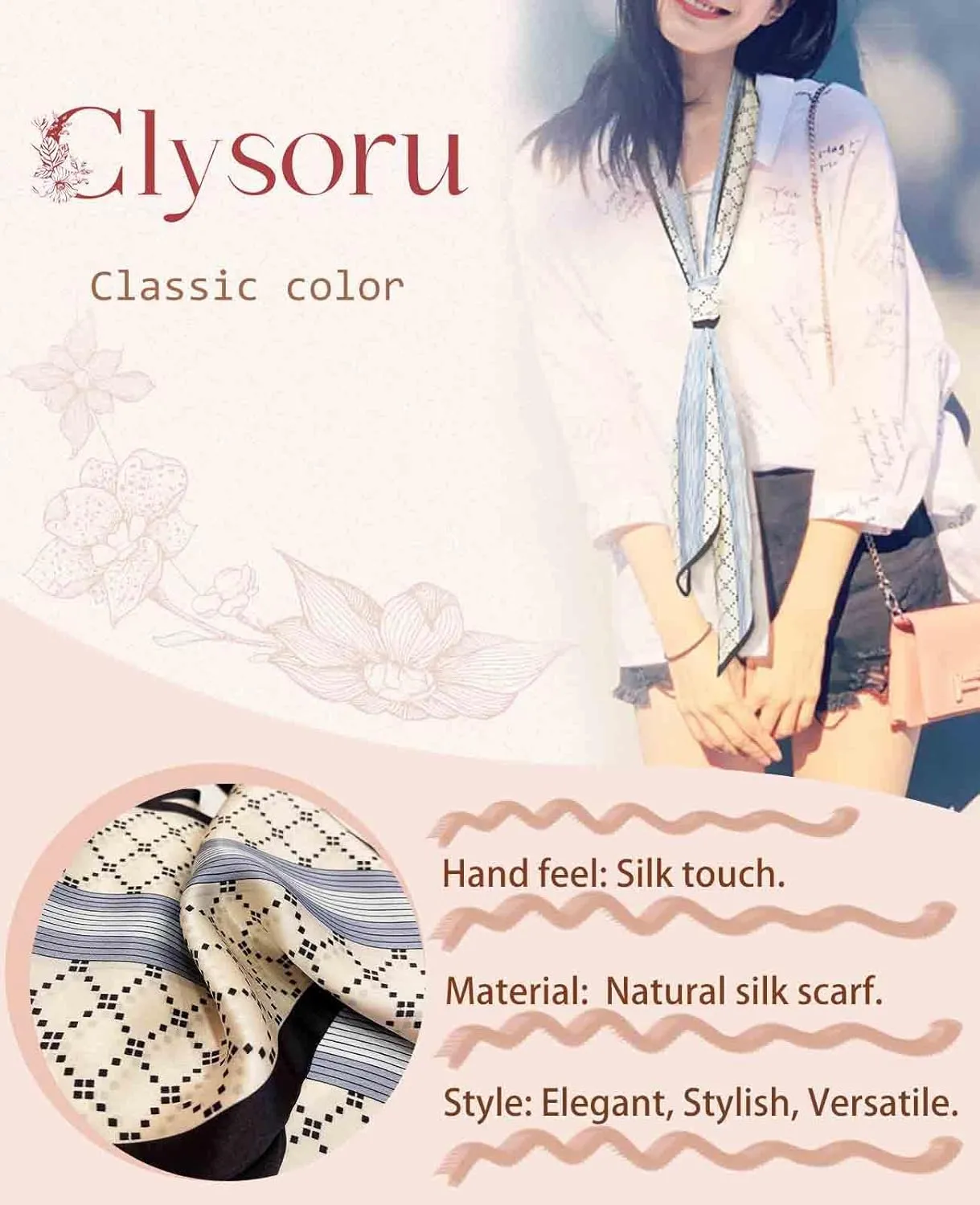 Clysoru Silk Neck Scarf Printed Scarves Head Women'S Fashion Oblique Angle Satin Scarfs For Bag Hair 59” X 5.9”