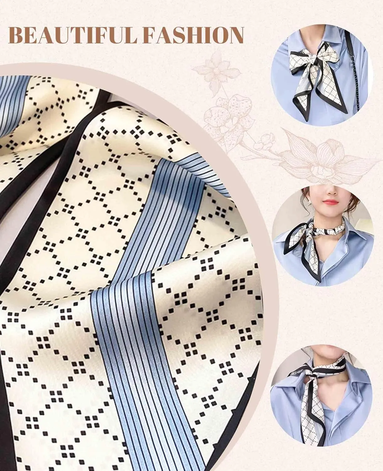 Clysoru Silk Neck Scarf Printed Scarves Head Women'S Fashion Oblique Angle Satin Scarfs For Bag Hair 59” X 5.9”