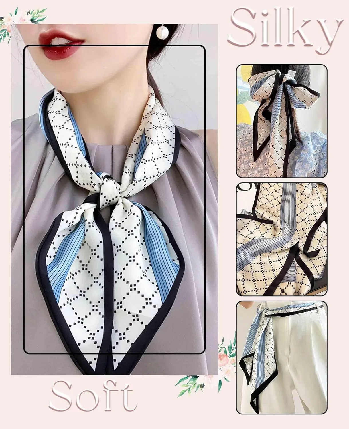 Clysoru Silk Neck Scarf Printed Scarves Head Women'S Fashion Oblique Angle Satin Scarfs For Bag Hair 59” X 5.9”