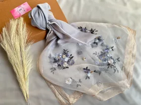 Embroidered Organza- Luxury Hijabs-Ice Blue/silver blue