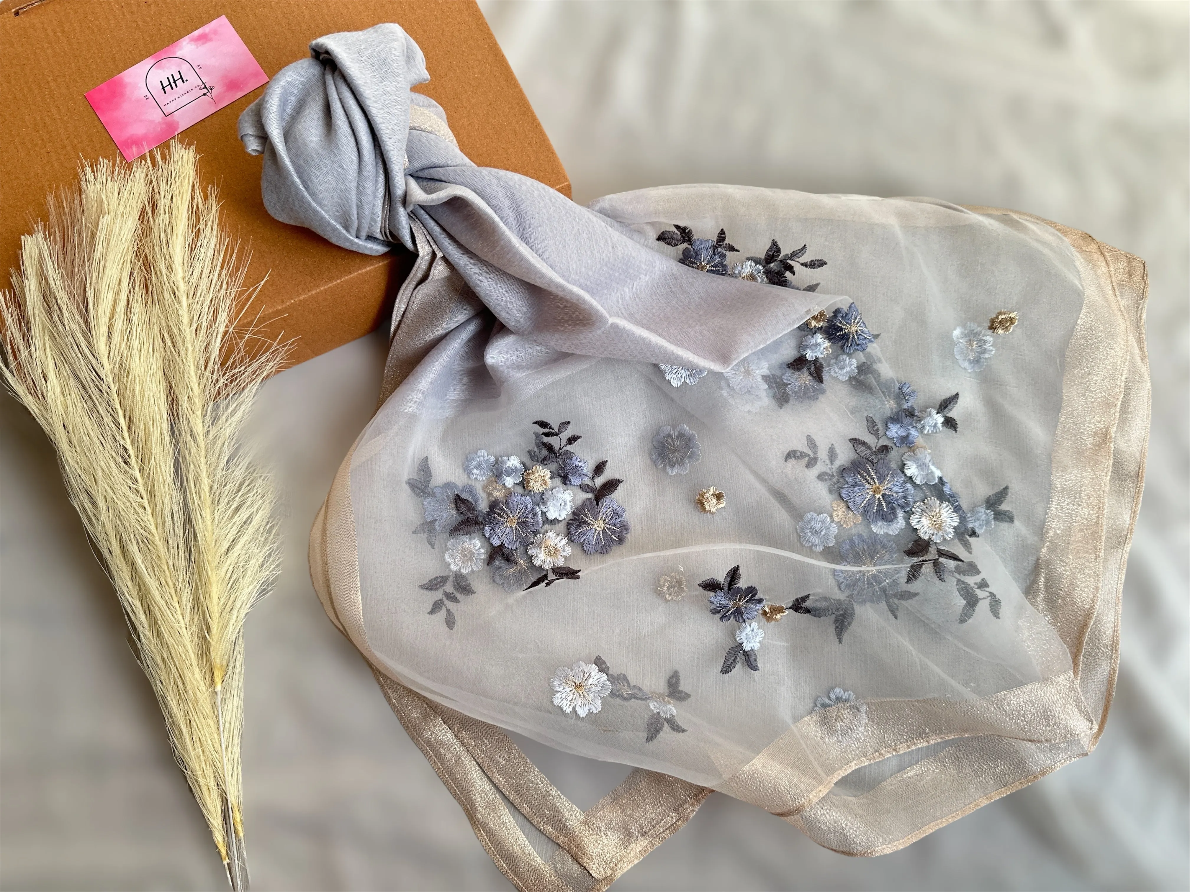 Embroidered Organza- Luxury Hijabs-Ice Blue/silver blue