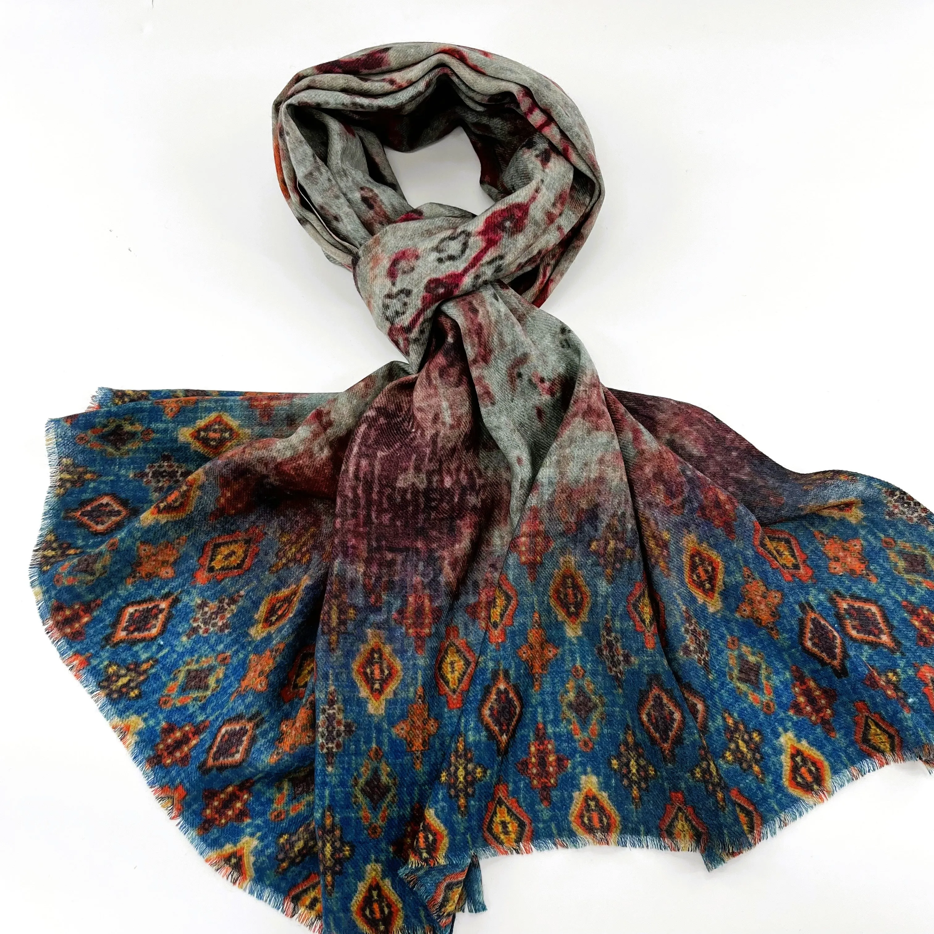 Fine Wool Silk Blend Scarves Kilam Inspired