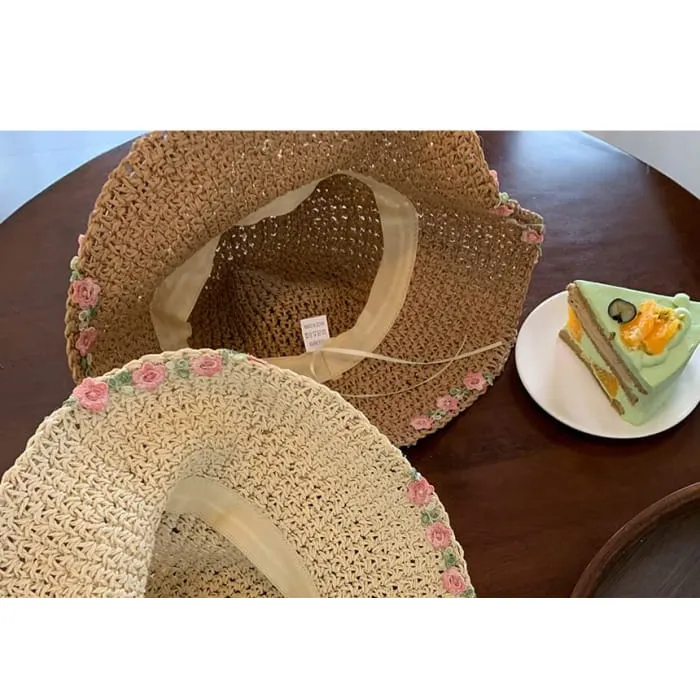 Floral Embroidered Straw Sun Hat