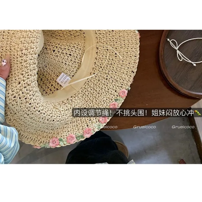 Floral Embroidered Straw Sun Hat