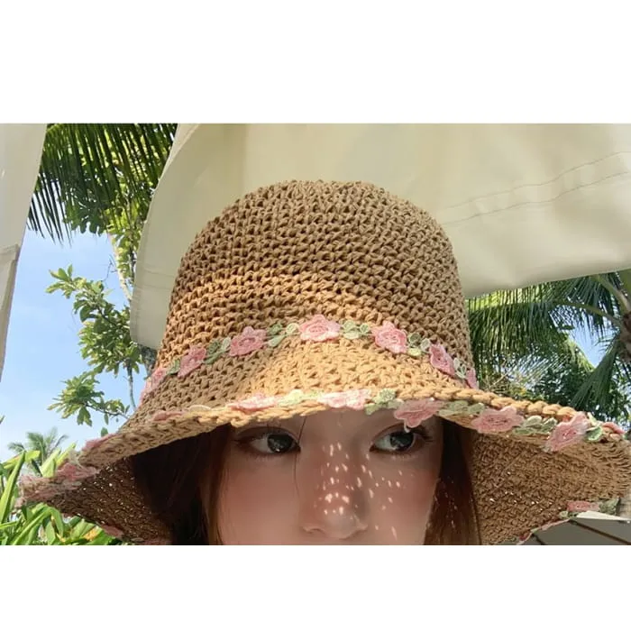 Floral Embroidered Straw Sun Hat