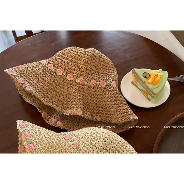 Floral Embroidered Straw Sun Hat