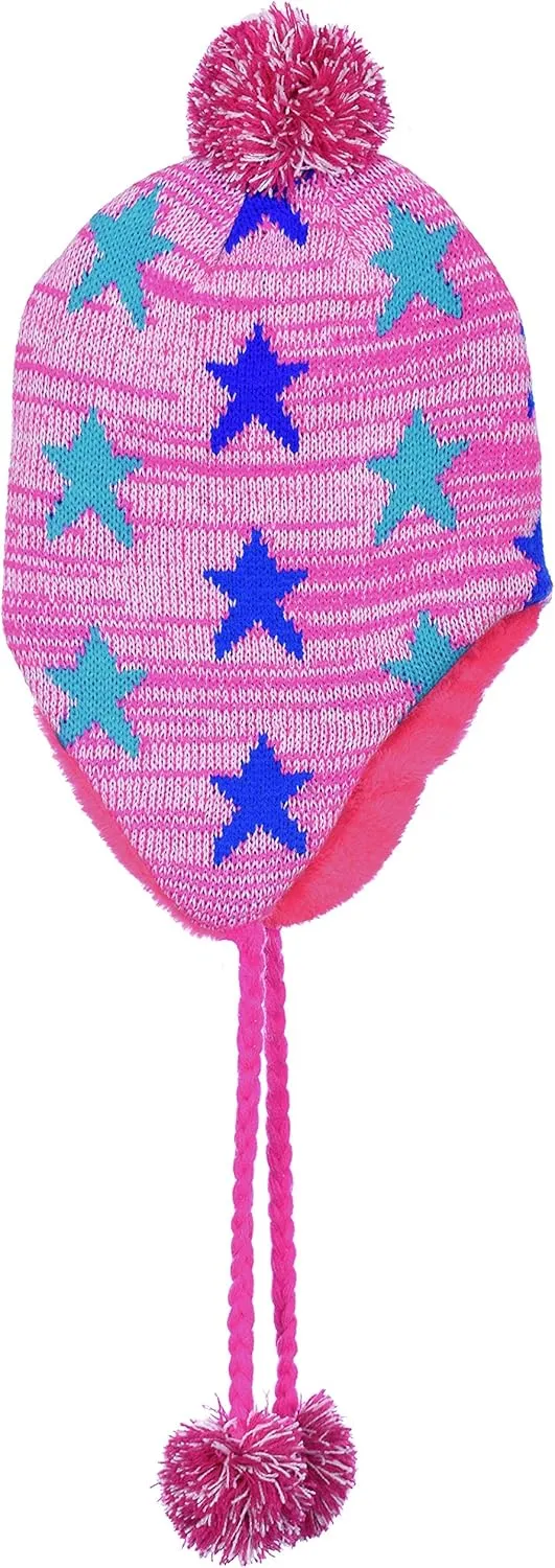 Girls Fleece Lined Knit Pom Beanie & Gloves Set Ear Flaps & Tassels in 3 Colors