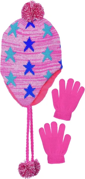 Girls Fleece Lined Knit Pom Beanie & Gloves Set Ear Flaps & Tassels in 3 Colors