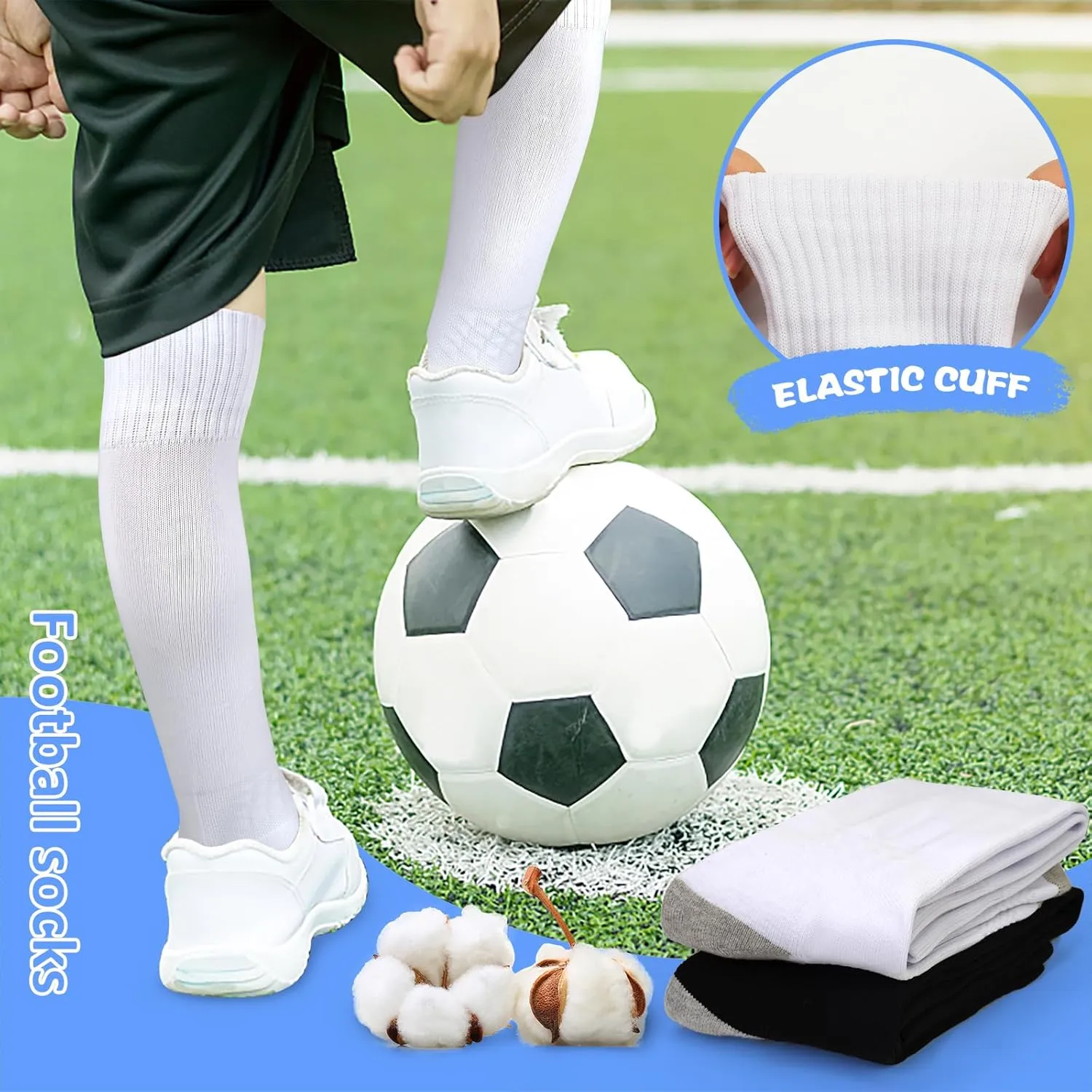 GRPSKCOS Black White Soccer Socks 2 pairs- Team Sports Athletic Football Baseball Long Socks for Youth Boys Kids Men Women