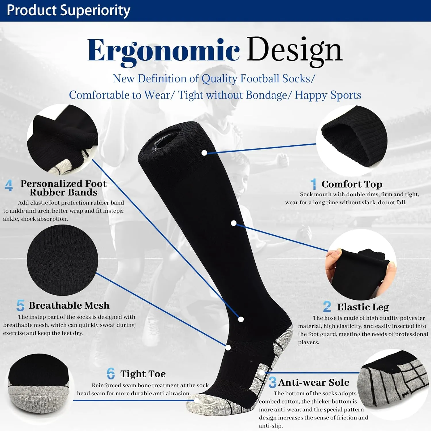 GRPSKCOS Black White Soccer Socks 2 pairs- Team Sports Athletic Football Baseball Long Socks for Youth Boys Kids Men Women