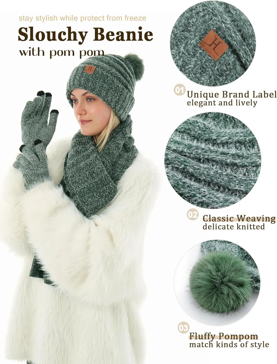 Hat Gloves Scarf Set For Women, Womens Winter Hats Fleece Lined Slouchy Beanie With Pom Scarf Thermal TouchScreen Gloves Sets