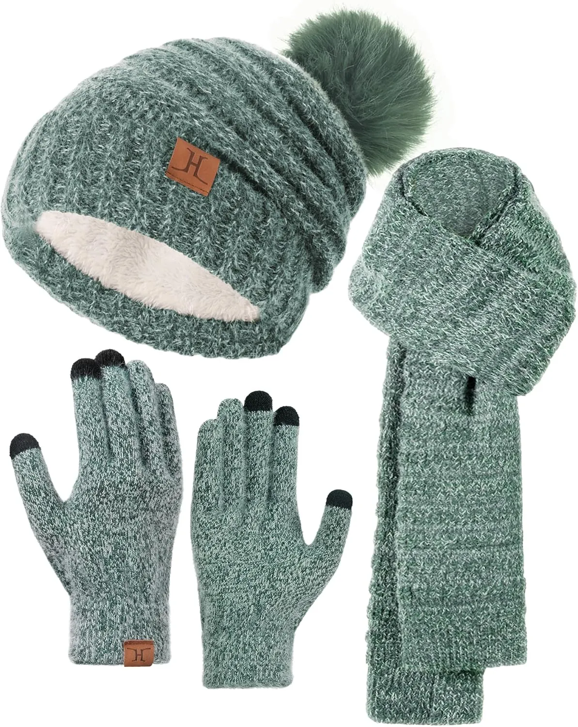 Hat Gloves Scarf Set For Women, Womens Winter Hats Fleece Lined Slouchy Beanie With Pom Scarf Thermal TouchScreen Gloves Sets