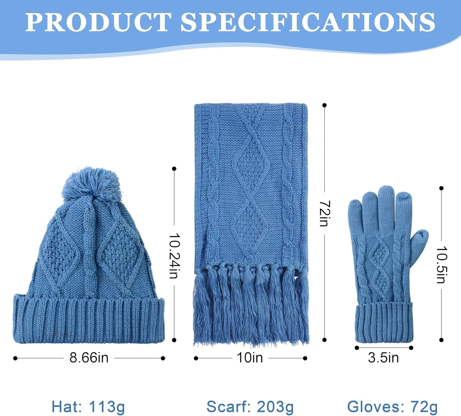Hat Gloves Scarf Set Women Winter Knit Beanie Hat Touchscreen Gloves Long Scarve 3 in 1 Set Gift for Women Girls