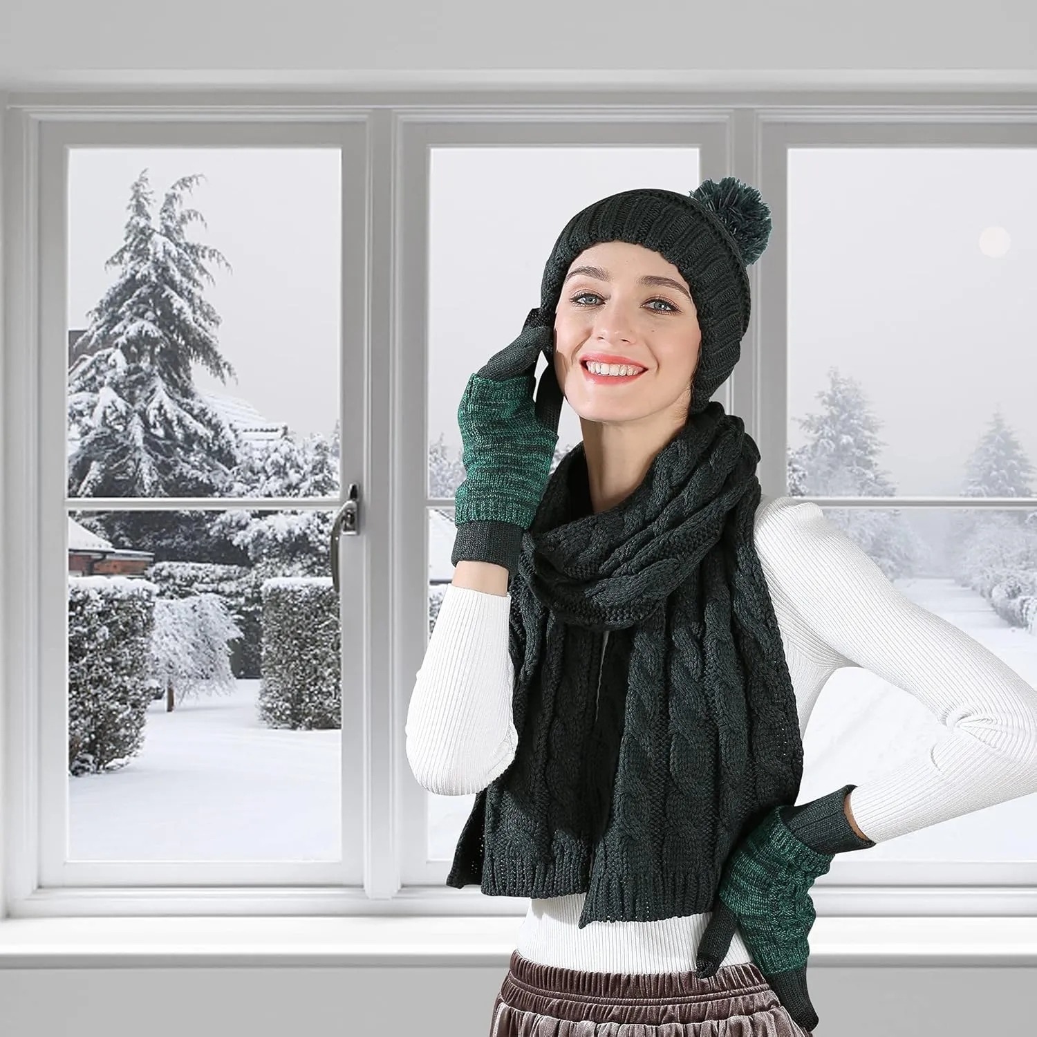 Hat Gloves Scarf Set Women Winter Knit Beanie Hat Touchscreen Gloves Long Scarve 3 in 1 Set Gift for Women Girls