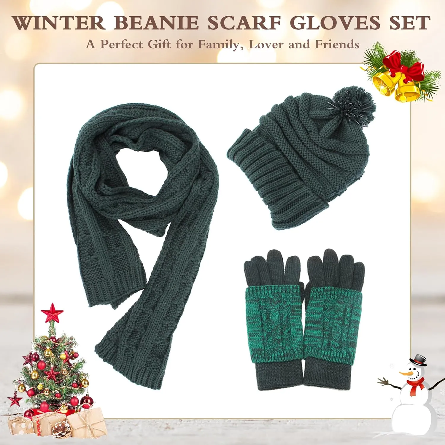 Hat Gloves Scarf Set Women Winter Knit Beanie Hat Touchscreen Gloves Long Scarve 3 in 1 Set Gift for Women Girls