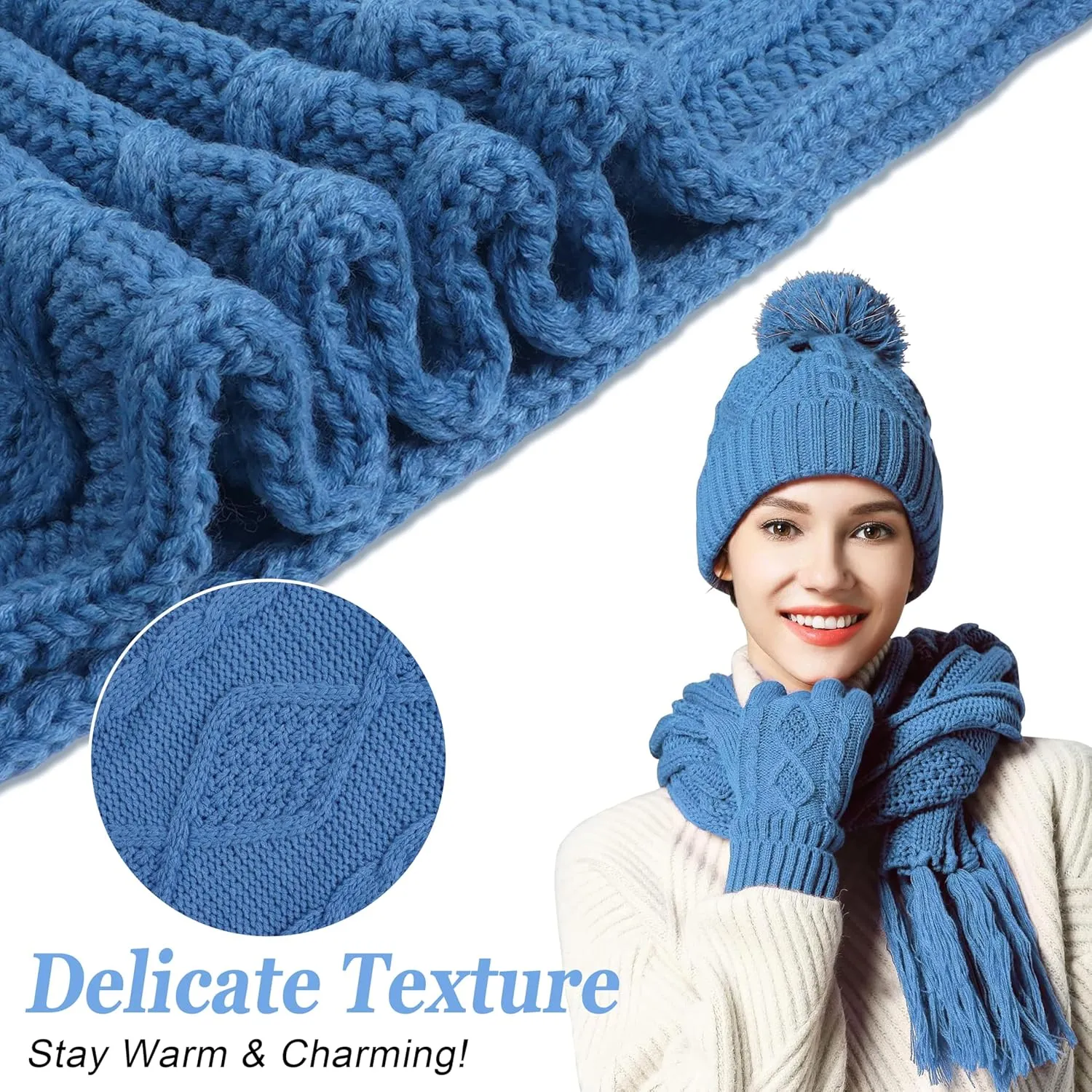 Hat Gloves Scarf Set Women Winter Knit Beanie Hat Touchscreen Gloves Long Scarve 3 in 1 Set Gift for Women Girls
