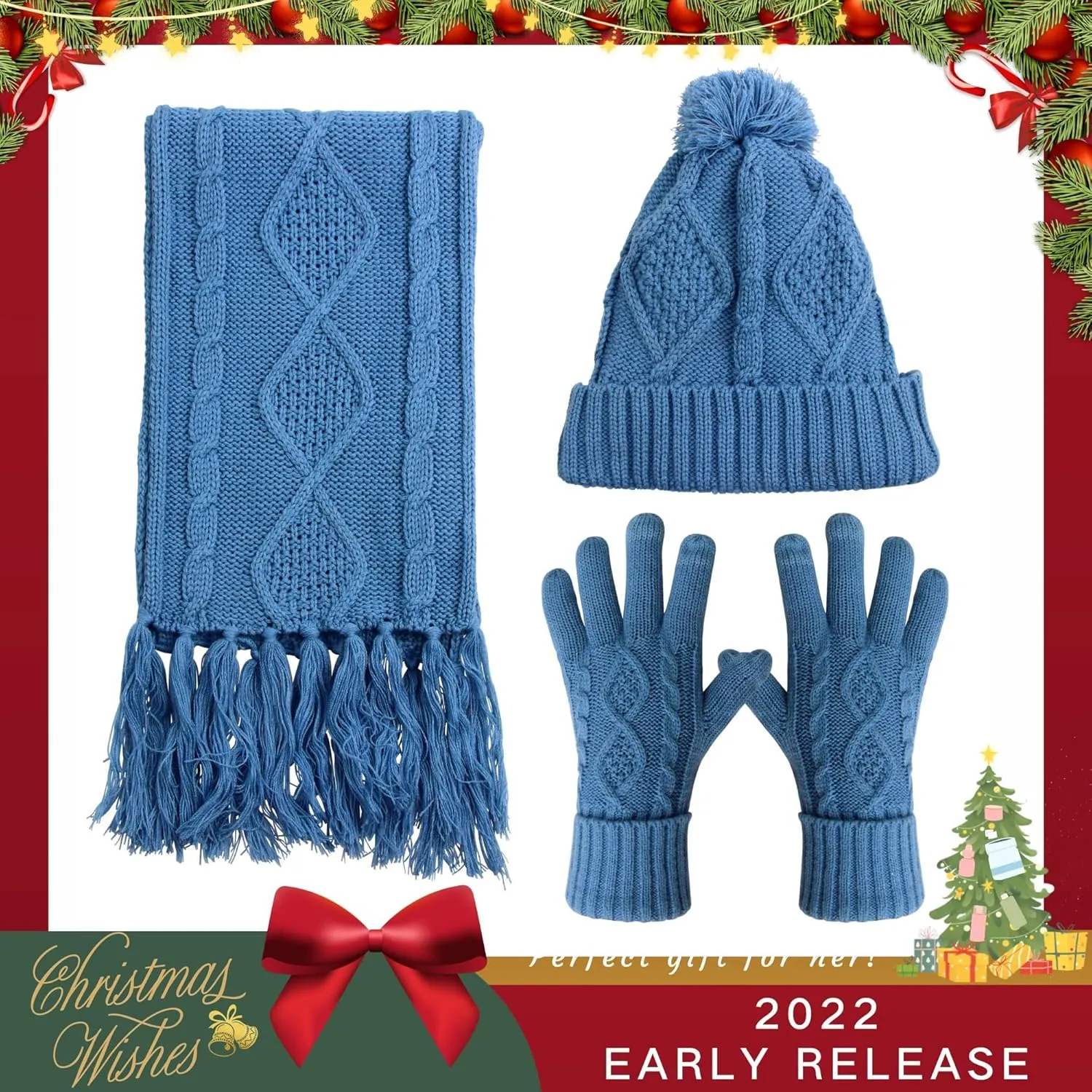 Hat Gloves Scarf Set Women Winter Knit Beanie Hat Touchscreen Gloves Long Scarve 3 in 1 Set Gift for Women Girls