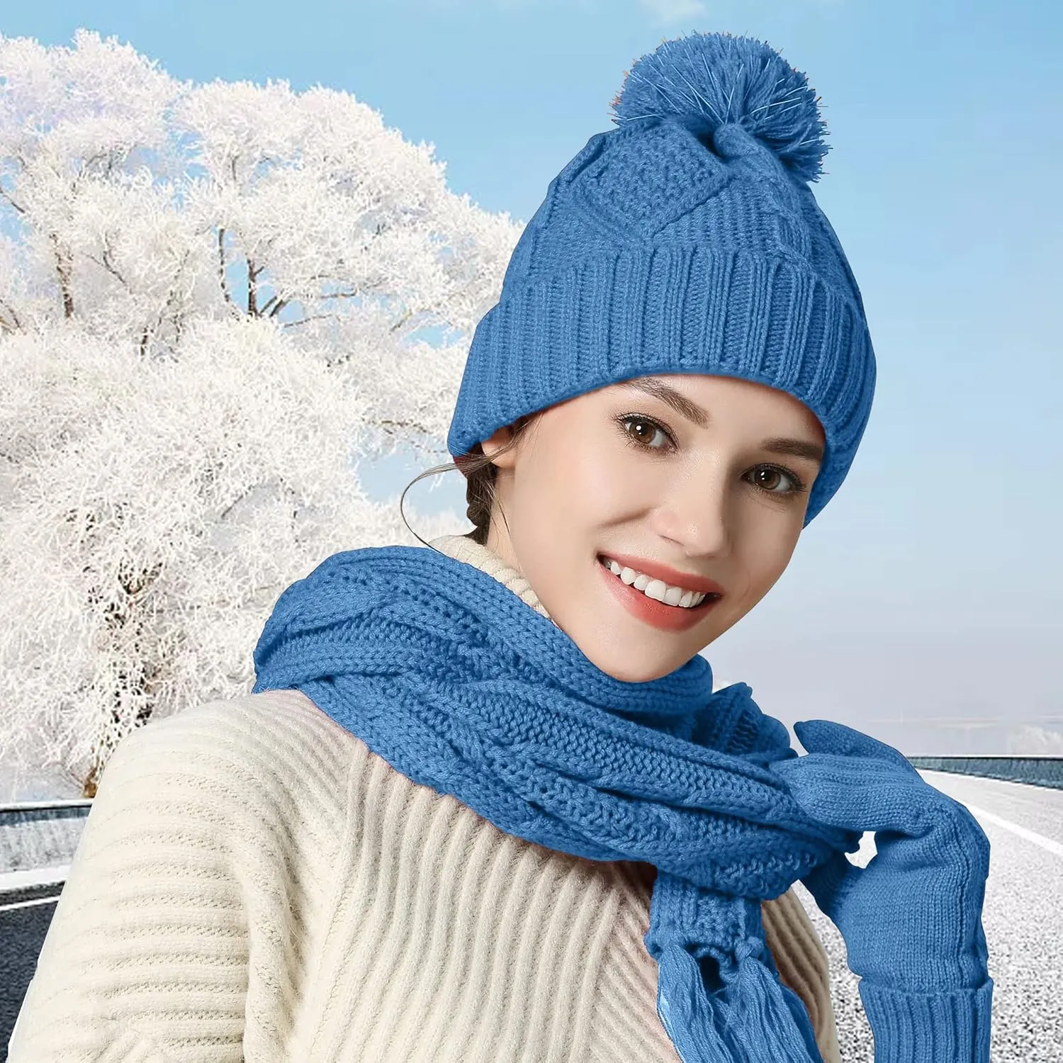 Hat Gloves Scarf Set Women Winter Knit Beanie Hat Touchscreen Gloves Long Scarve 3 in 1 Set Gift for Women Girls
