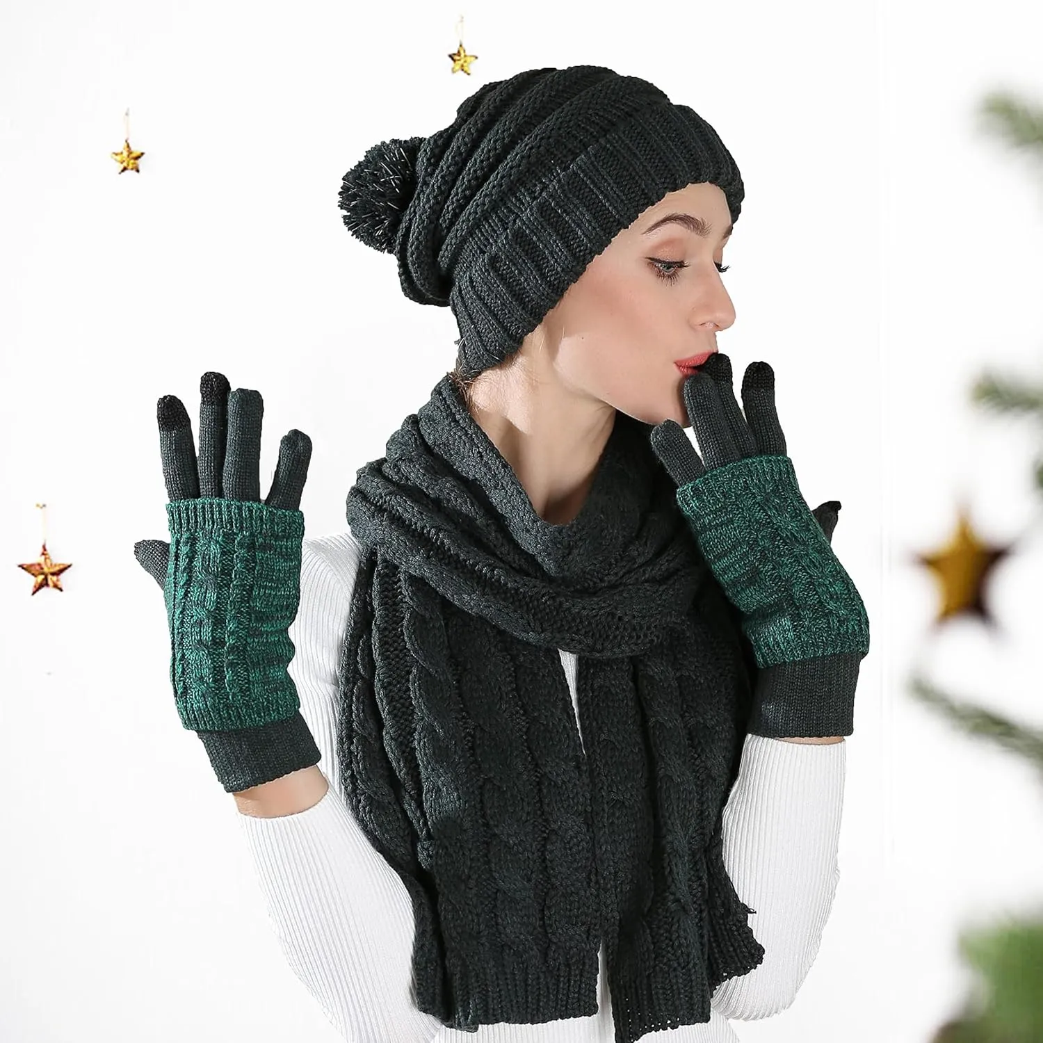 Hat Gloves Scarf Set Women Winter Knit Beanie Hat Touchscreen Gloves Long Scarve 3 in 1 Set Gift for Women Girls