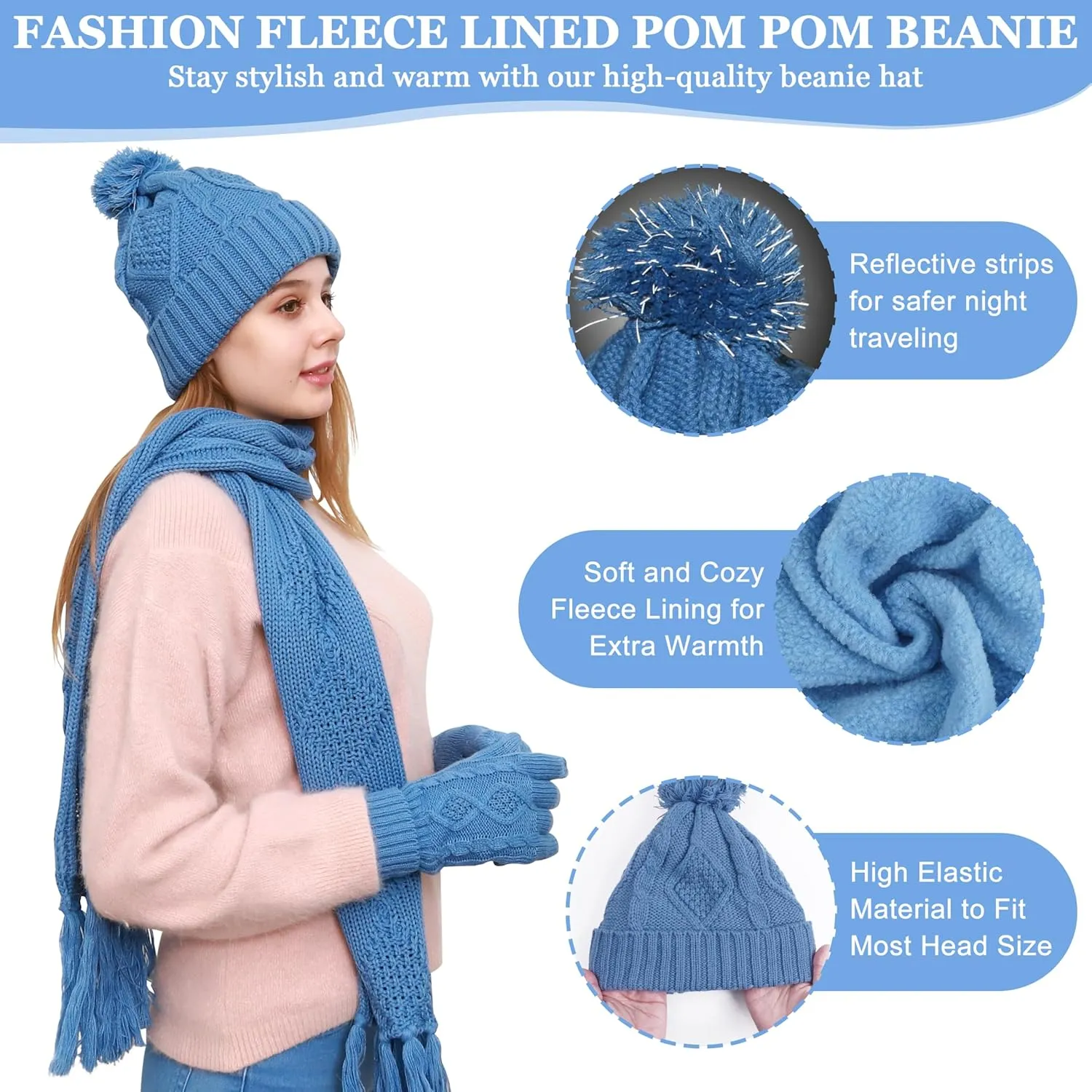 Hat Gloves Scarf Set Women Winter Knit Beanie Hat Touchscreen Gloves Long Scarve 3 in 1 Set Gift for Women Girls