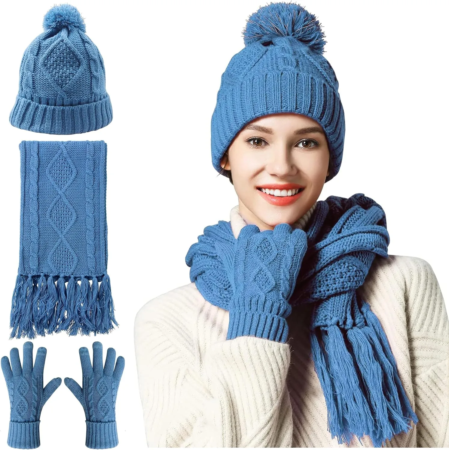 Hat Gloves Scarf Set Women Winter Knit Beanie Hat Touchscreen Gloves Long Scarve 3 in 1 Set Gift for Women Girls