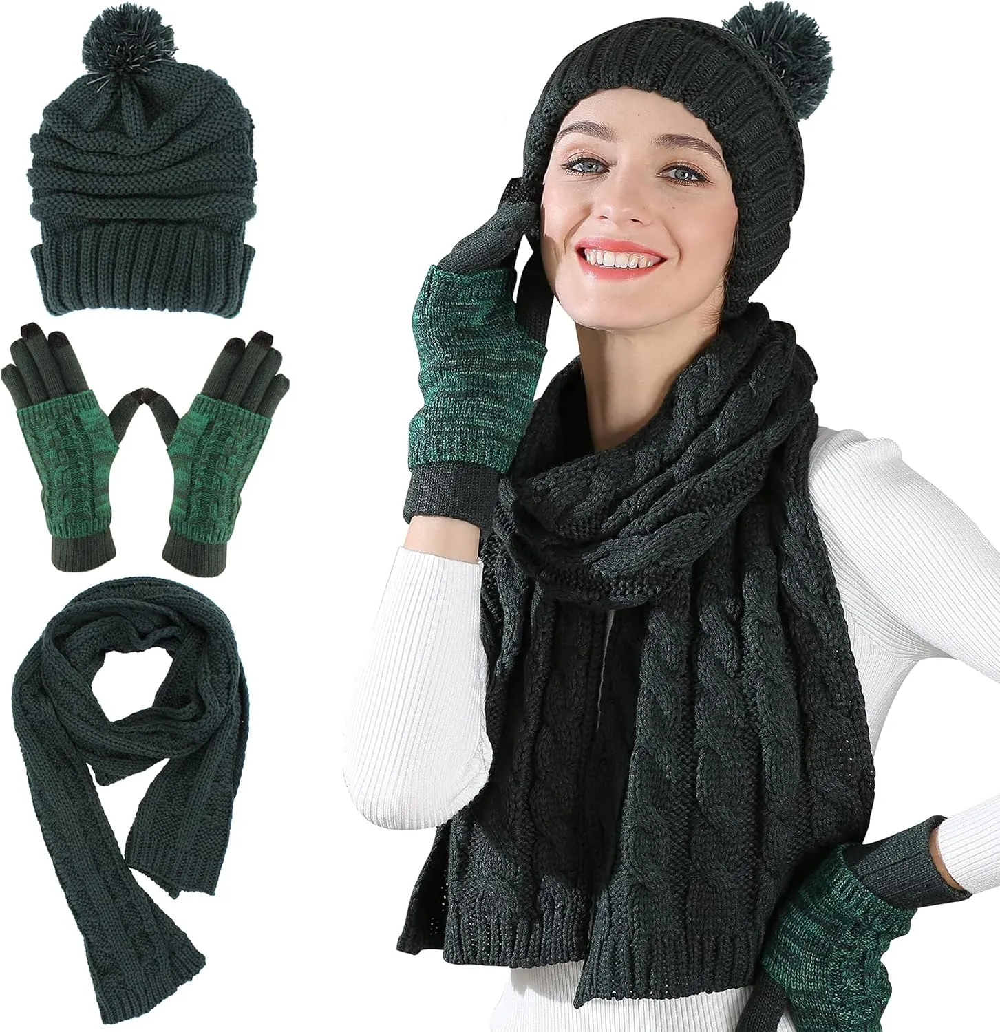 Hat Gloves Scarf Set Women Winter Knit Beanie Hat Touchscreen Gloves Long Scarve 3 in 1 Set Gift for Women Girls