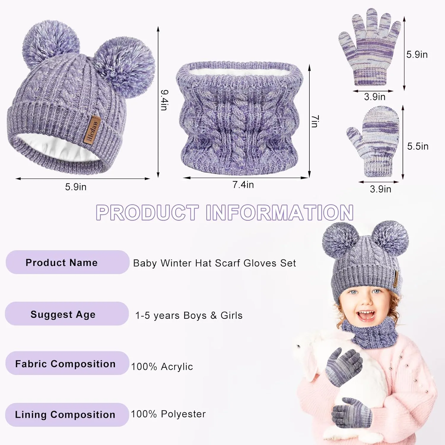 Hicdaw Kids Winter Hats Gloves Scarf Set Kids Mittens Double Pompom Cap Fleece Lined Toddler Beanie Hat for Boy Girl