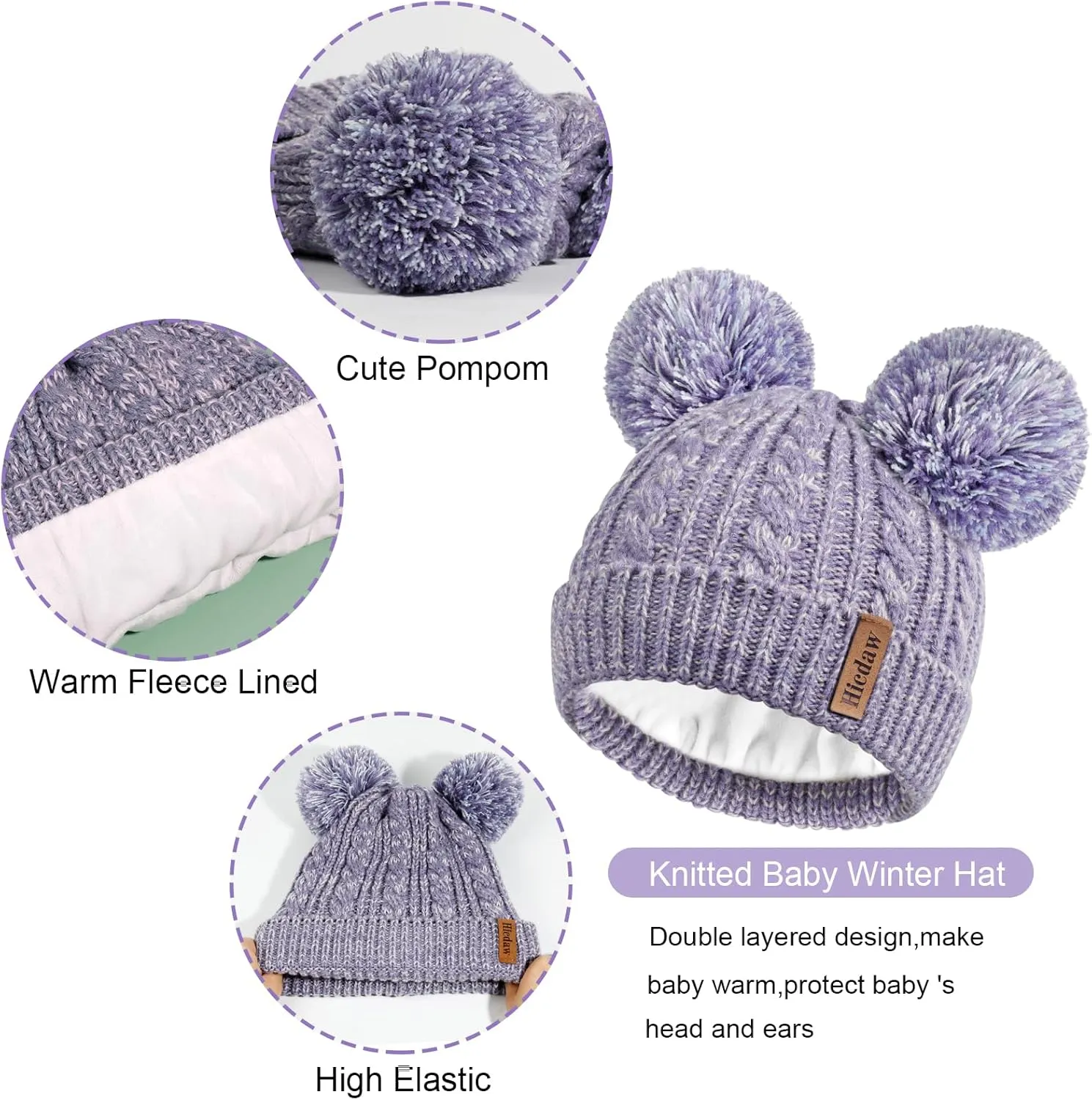 Hicdaw Kids Winter Hats Gloves Scarf Set Kids Mittens Double Pompom Cap Fleece Lined Toddler Beanie Hat for Boy Girl