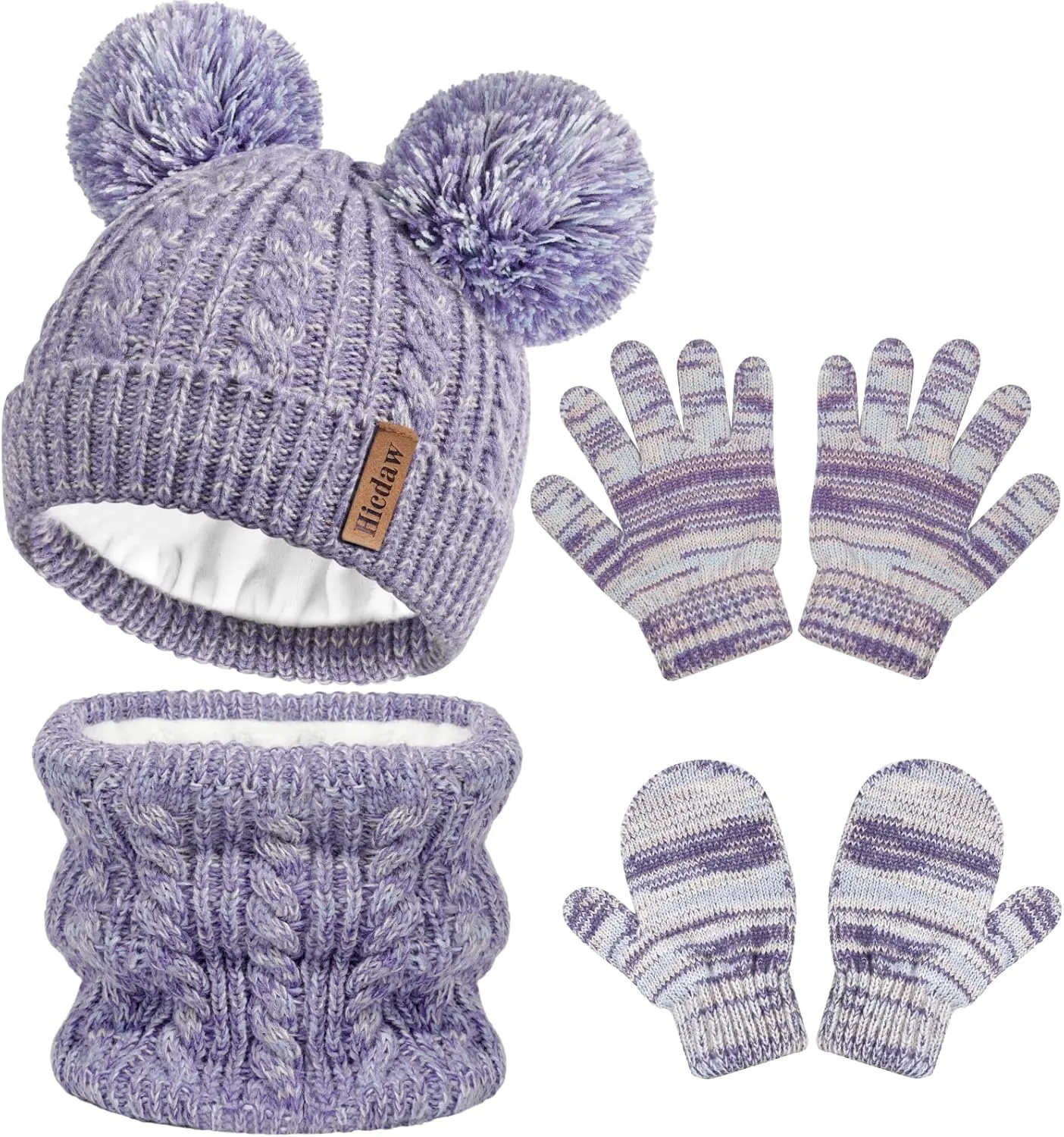 Hicdaw Kids Winter Hats Gloves Scarf Set Kids Mittens Double Pompom Cap Fleece Lined Toddler Beanie Hat for Boy Girl