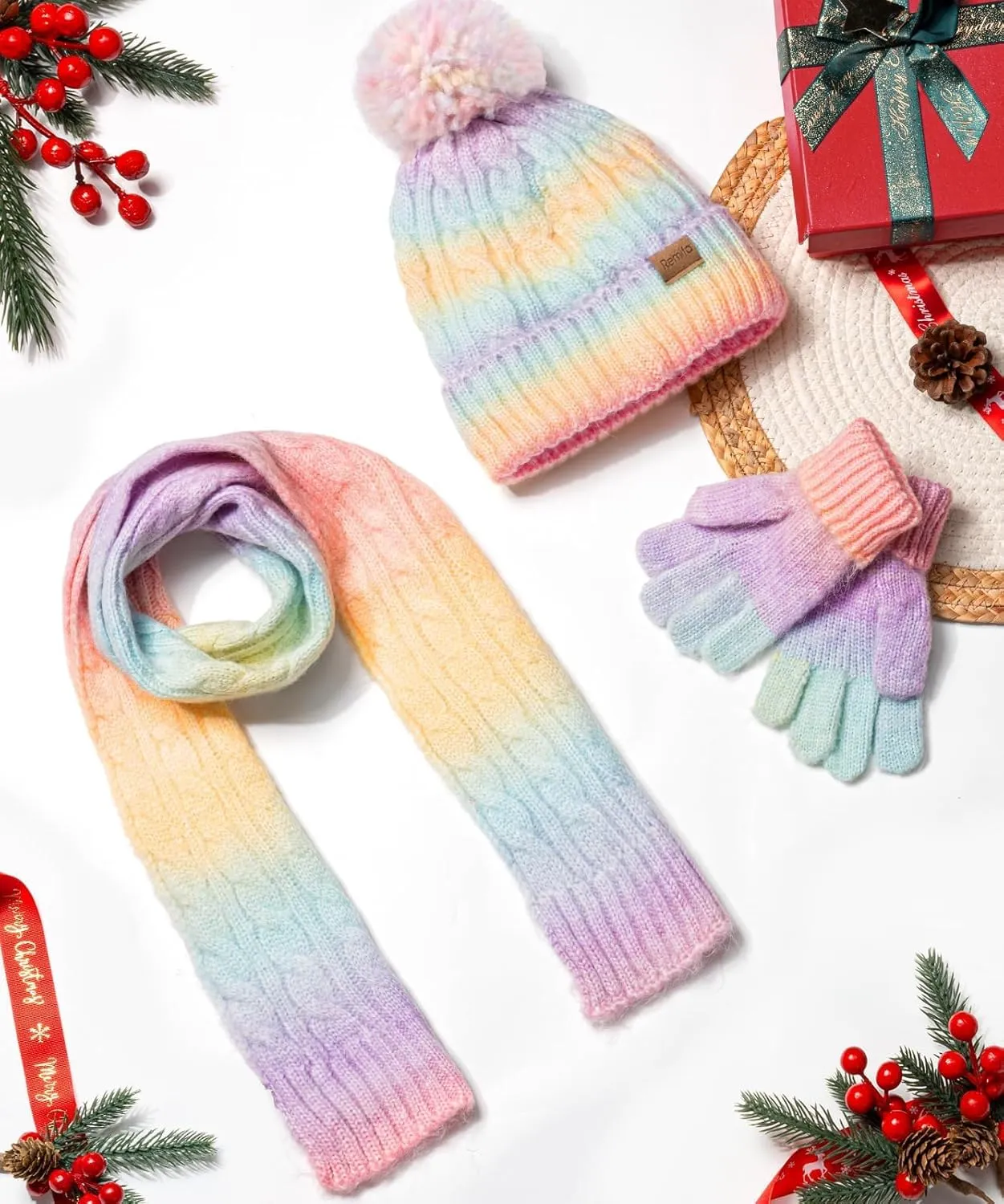 Kids Winter Hat Scarf Gloves Set, Girl Boy Toddler 8% Wool Warm Fleece Beanie Knit Neck Scarf Mittens Children Valentine Gift