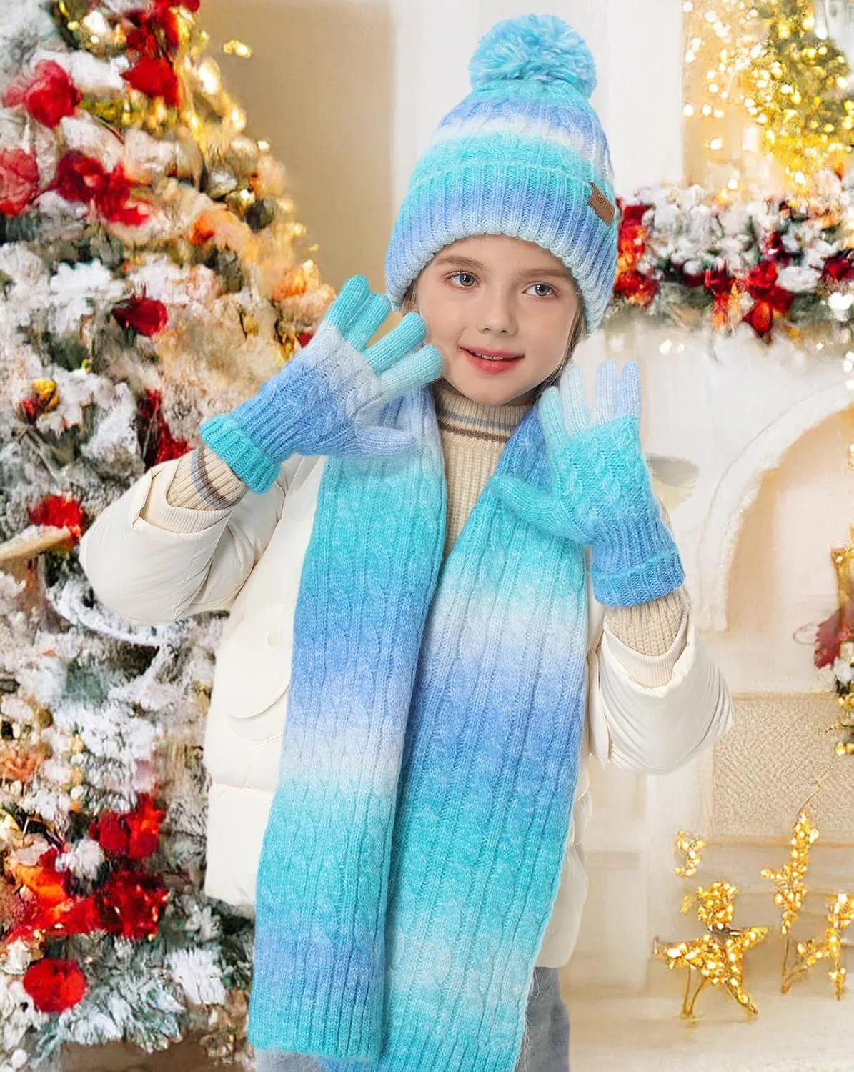 Kids Winter Hat Scarf Gloves Set, Girl Boy Toddler 8% Wool Warm Fleece Beanie Knit Neck Scarf Mittens Children Valentine Gift