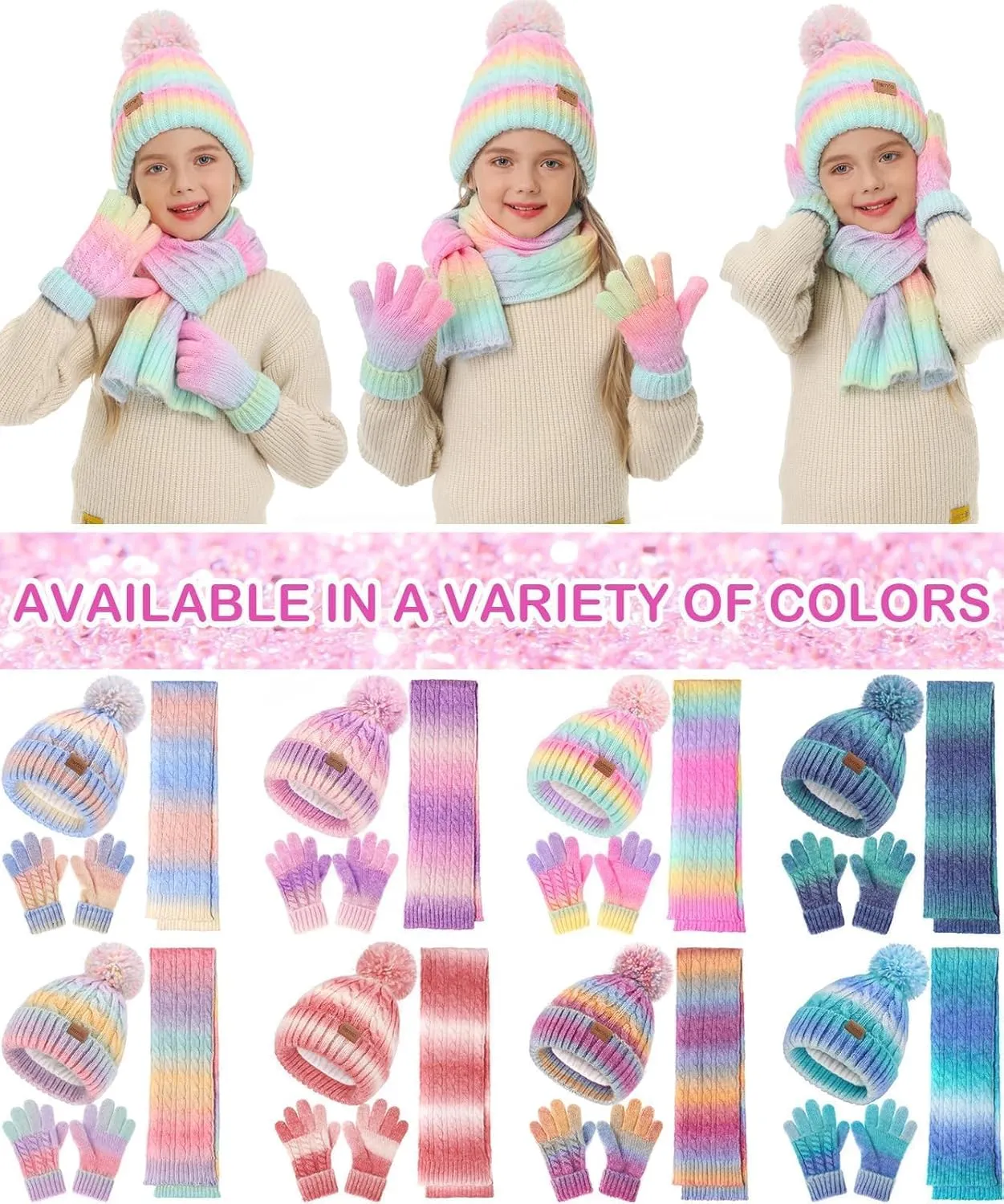 Kids Winter Hat Scarf Gloves Set, Girl Boy Toddler 8% Wool Warm Fleece Beanie Knit Neck Scarf Mittens Children Valentine Gift