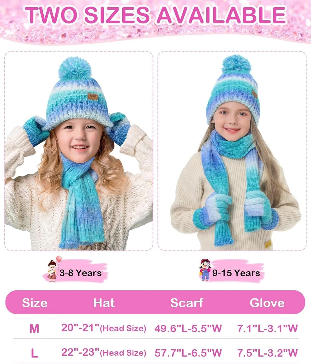Kids Winter Hat Scarf Gloves Set, Girl Boy Toddler 8% Wool Warm Fleece Beanie Knit Neck Scarf Mittens Children Valentine Gift