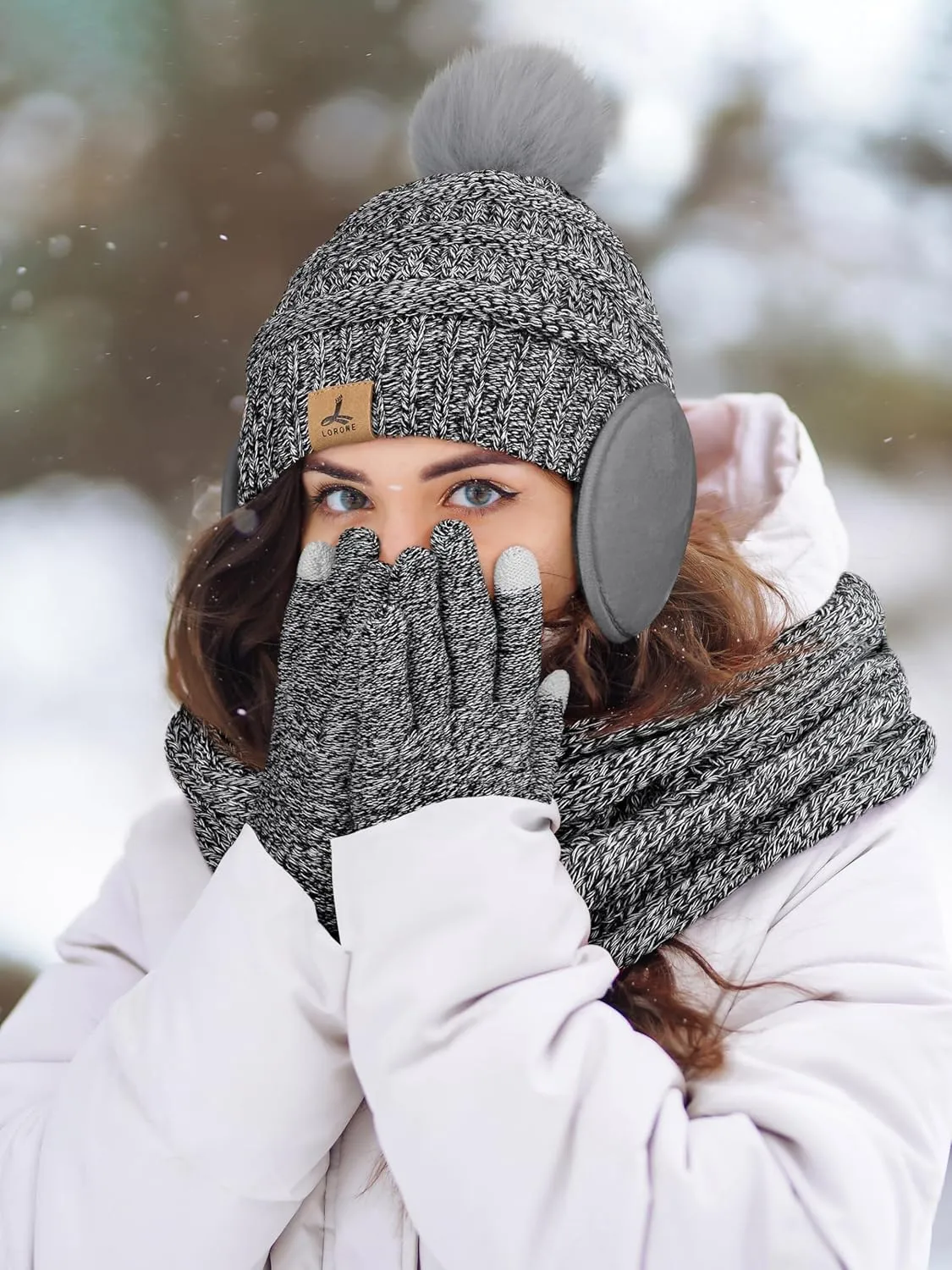 LOROME Winter Hat Scarf Earmuffs Gloves for Women, Touchscreen Gloves Beanie Hat Earmuffs Womens Scarves