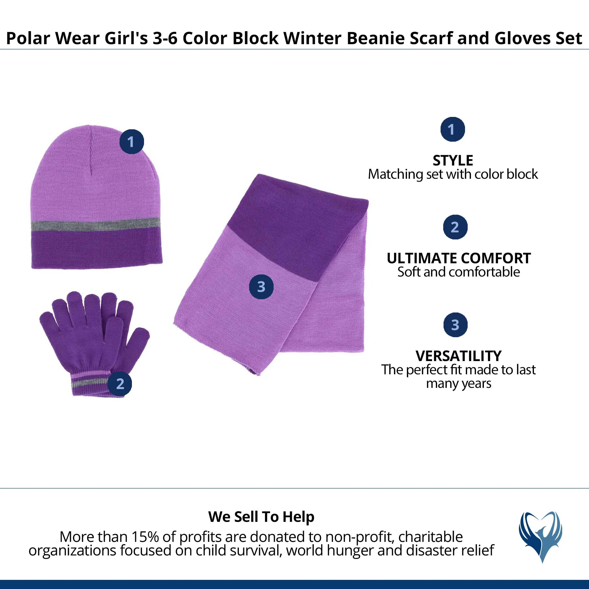 Polar Wear Girl's 3-6 Color Block Winter Beanie Scarf and Gloves Set