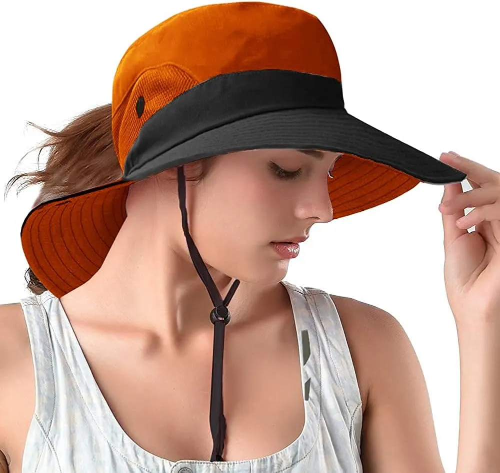 Rosoz Ponytail Sun Bucket Hats for Women UV Protection Foldable Mesh Wide Brim Hiking Beach Fishing Summer Safari