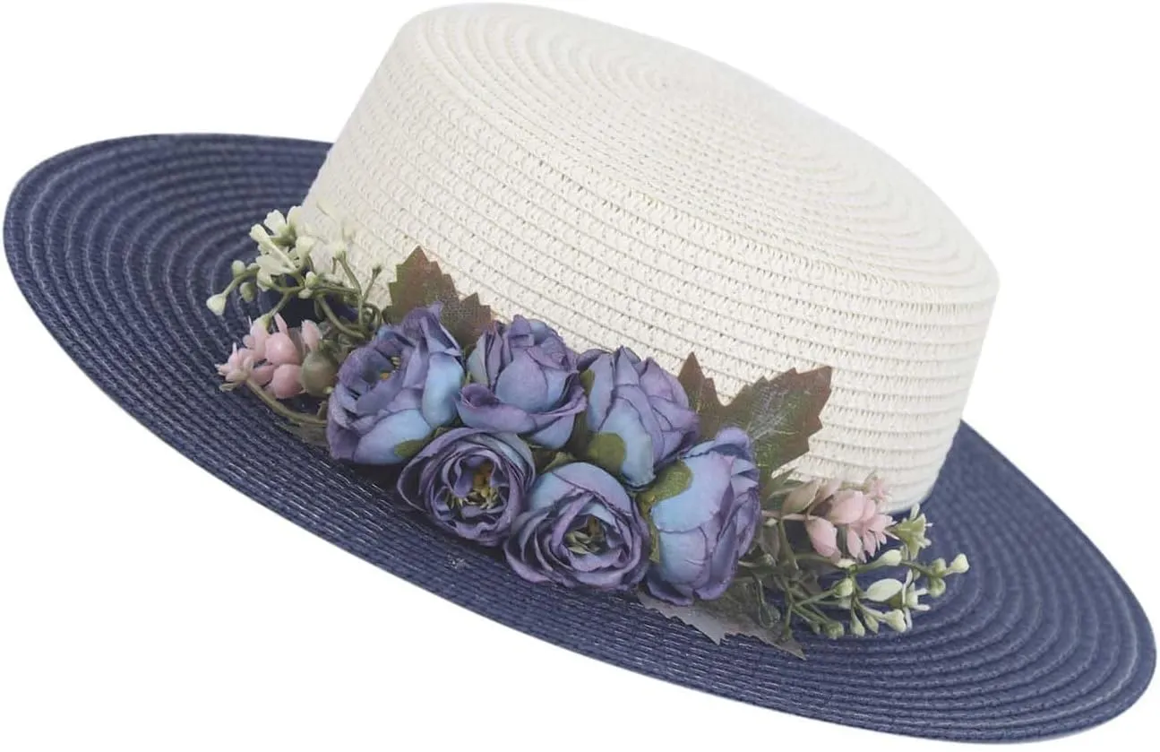 Sun Hats for Women Beach Hats Wide Brim Sun Straw Hat Handmade Flower Sun Protection Hat UV Paper Grass Flat top hat