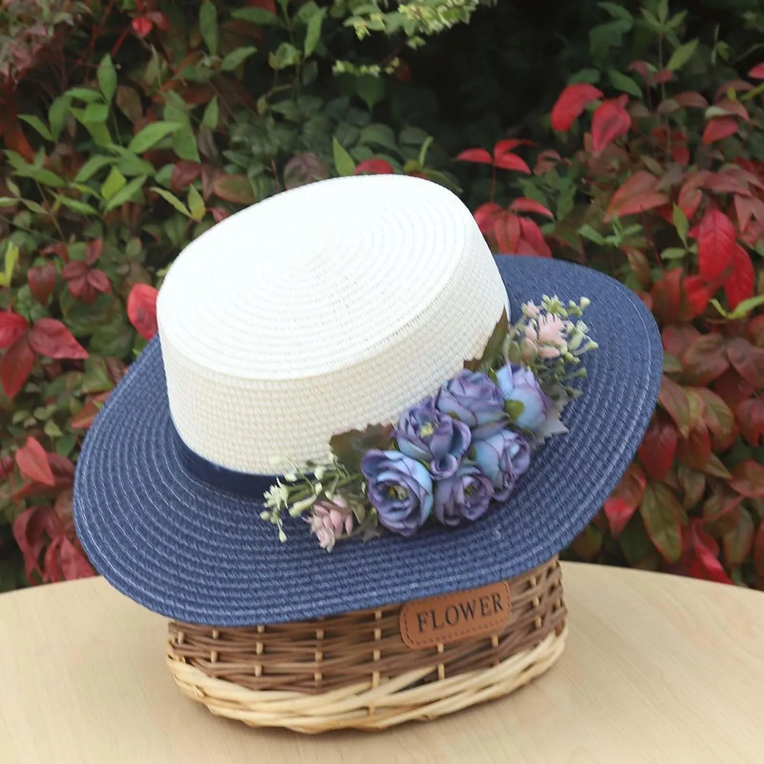 Sun Hats for Women Beach Hats Wide Brim Sun Straw Hat Handmade Flower Sun Protection Hat UV Paper Grass Flat top hat