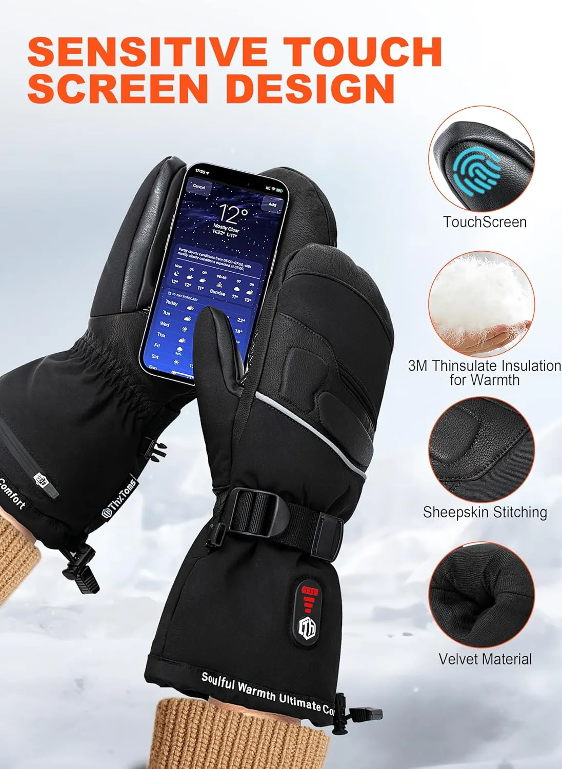 ThxToms Heated Mittens for Men Women, Rechargeable With Touchscreen, 7.4V 3200mah Waterproof Winter Gloves for Skiing, Snowboarding, Fishing, Camping, Hiking