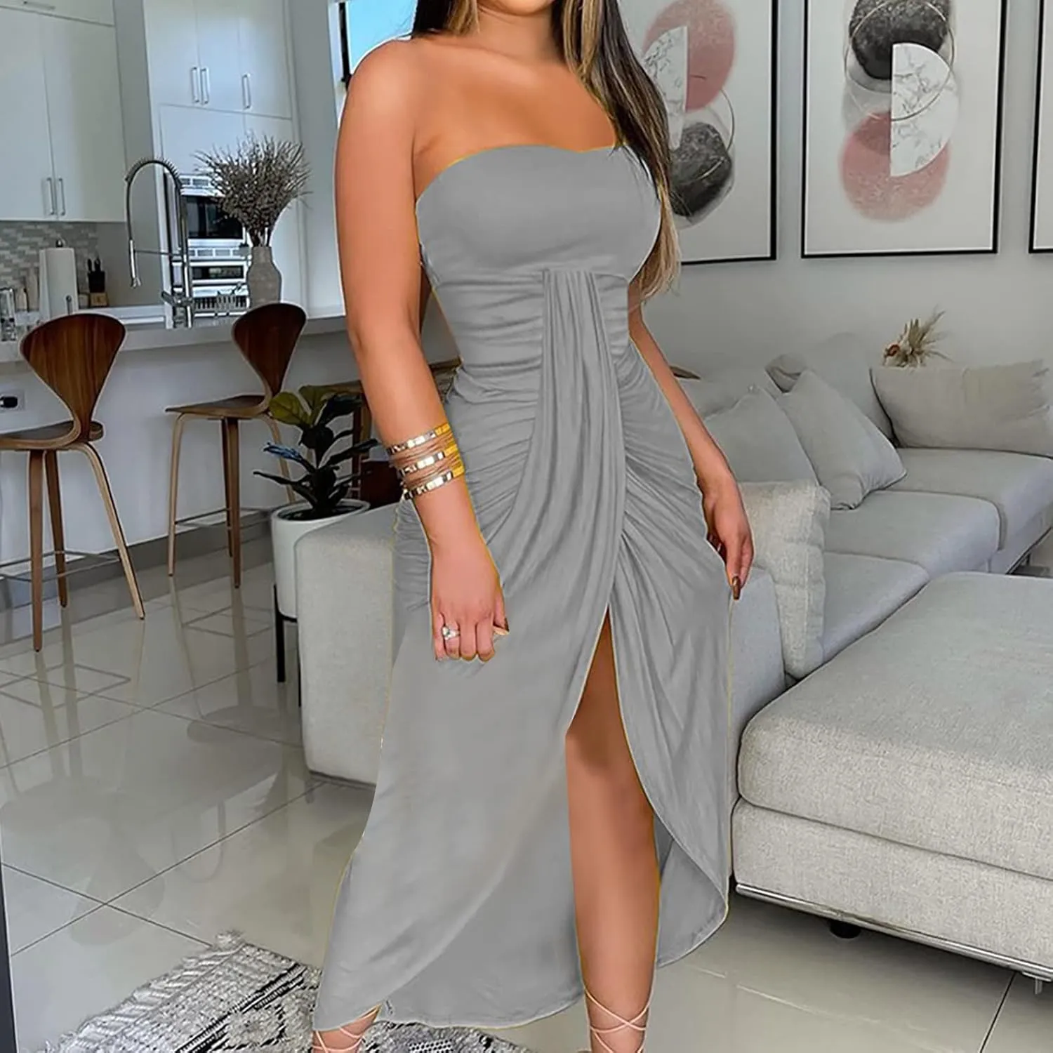 Tube Top Bodycon Long Dress for Women Sexy Elegant Tummy Control Ruched Solid Split Maxi Dress Party Evening Gowns
