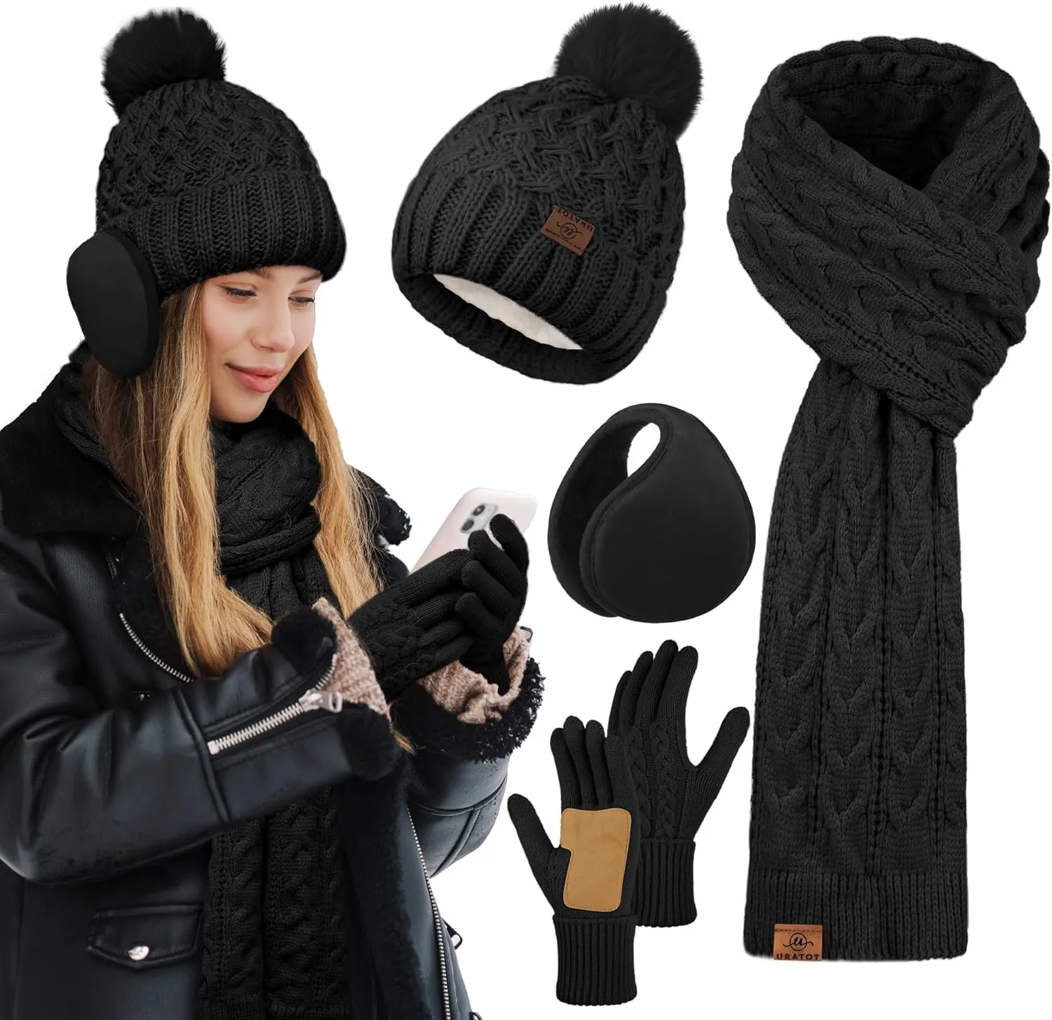 URATOT Women Winter Beanie Hat Scarf Gloves Ear Warmer 4 in 1 Set Beanie Pompom Hat Touchscreen Gloves Long Scarf Ear Warmer