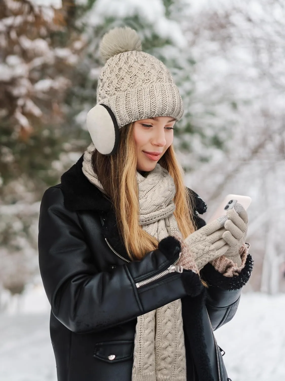 URATOT Women Winter Beanie Hat Scarf Gloves Ear Warmer 4 in 1 Set Beanie Pompom Hat Touchscreen Gloves Long Scarf Ear Warmer