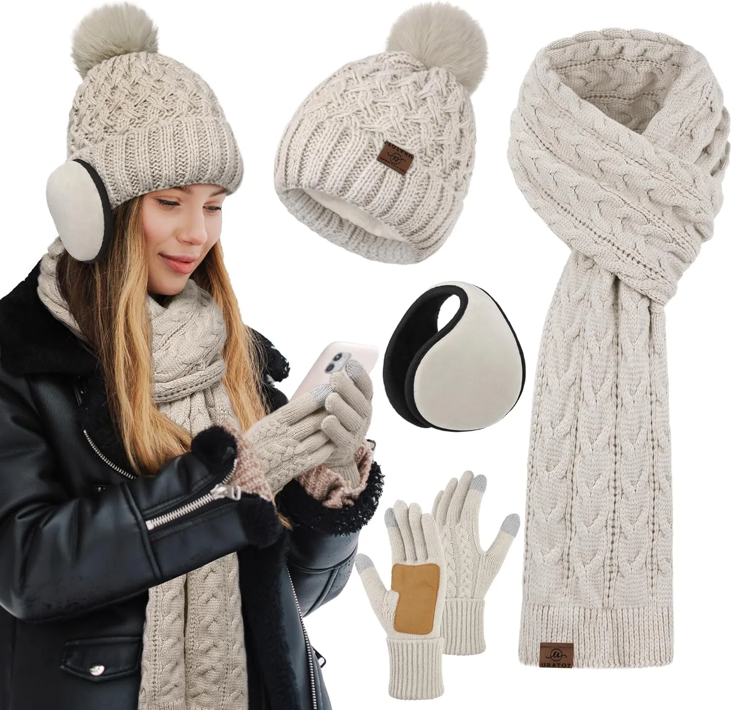 URATOT Women Winter Beanie Hat Scarf Gloves Ear Warmer 4 in 1 Set Beanie Pompom Hat Touchscreen Gloves Long Scarf Ear Warmer