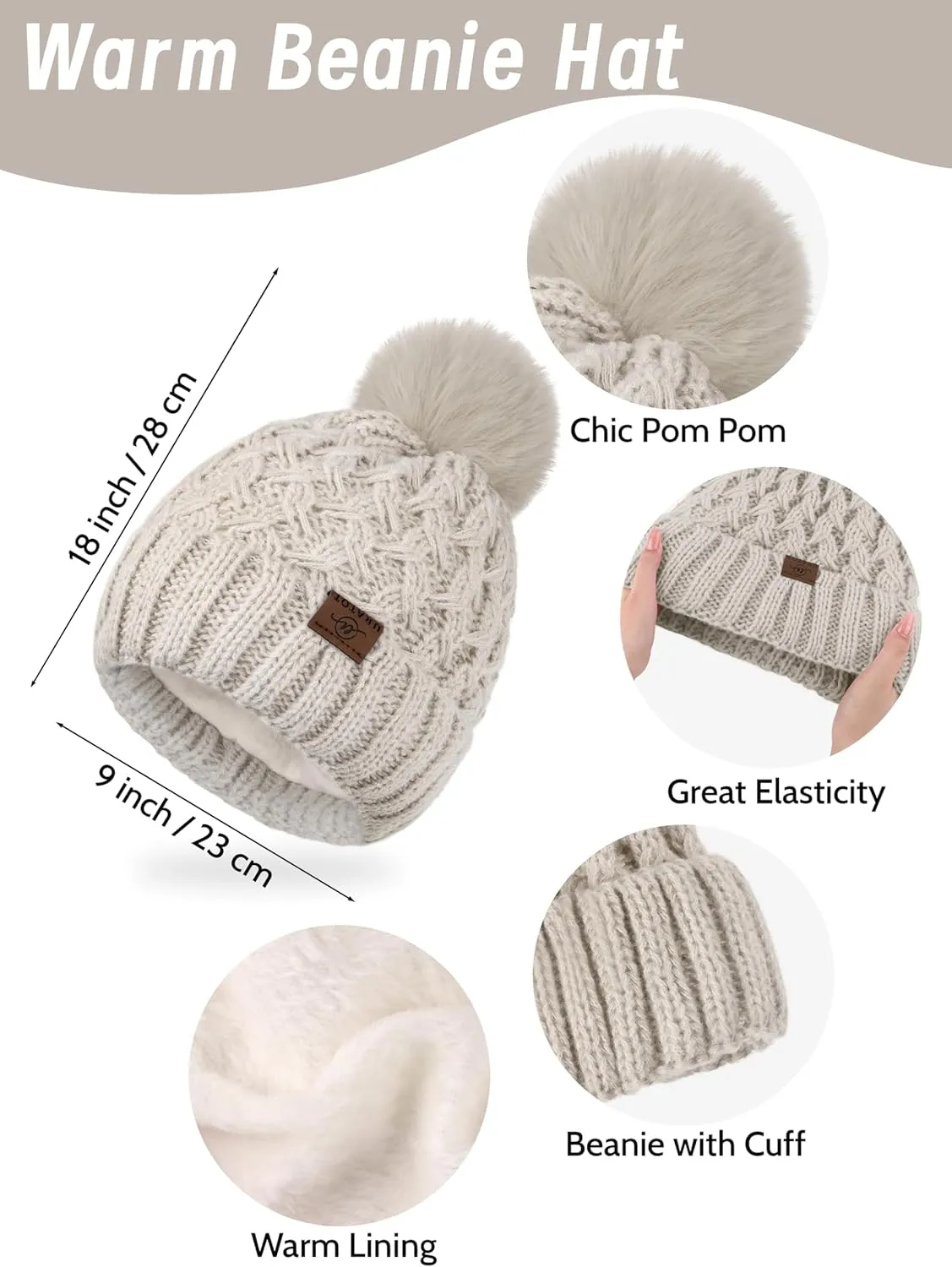 URATOT Women Winter Beanie Hat Scarf Gloves Ear Warmer 4 in 1 Set Beanie Pompom Hat Touchscreen Gloves Long Scarf Ear Warmer
