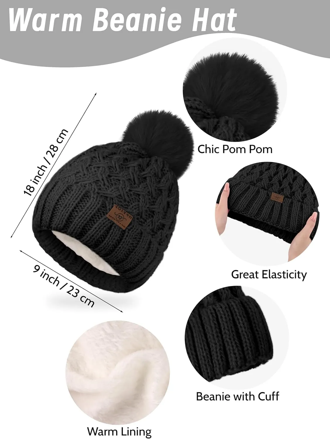 URATOT Women Winter Beanie Hat Scarf Gloves Ear Warmer 4 in 1 Set Beanie Pompom Hat Touchscreen Gloves Long Scarf Ear Warmer