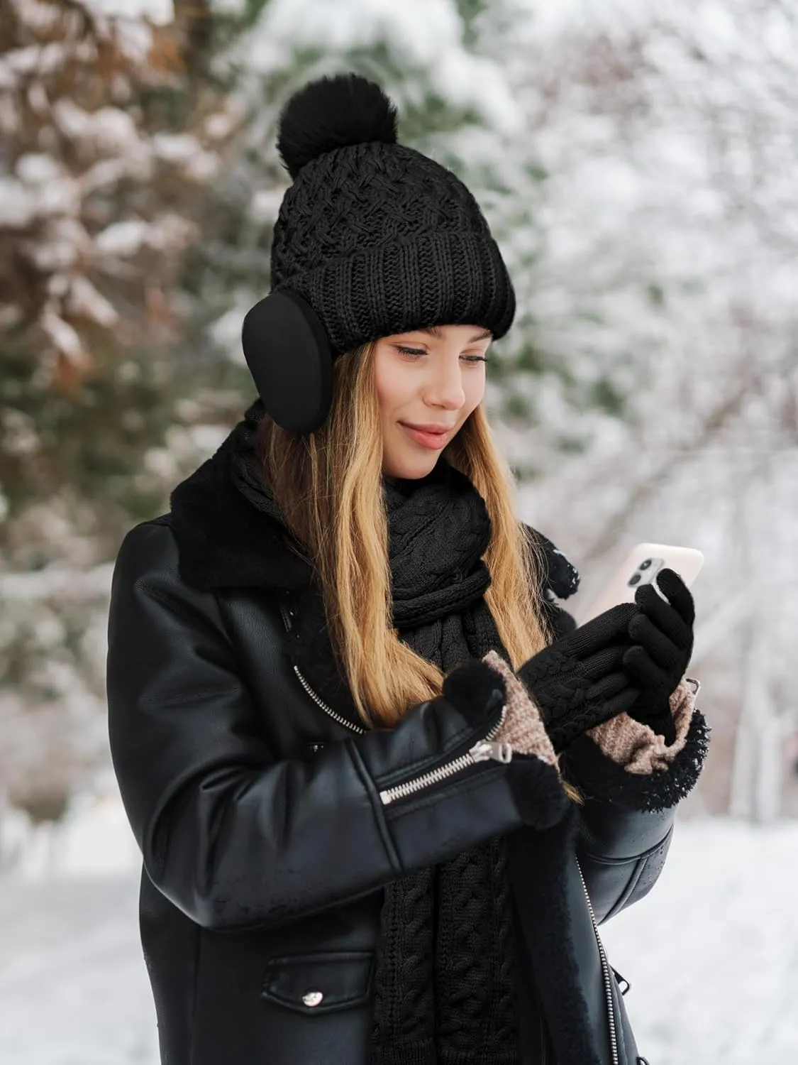 URATOT Women Winter Beanie Hat Scarf Gloves Ear Warmer 4 in 1 Set Beanie Pompom Hat Touchscreen Gloves Long Scarf Ear Warmer