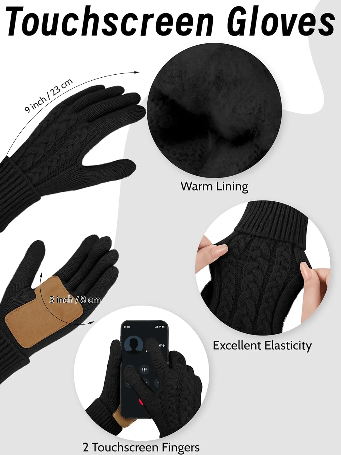 URATOT Women Winter Beanie Hat Scarf Gloves Ear Warmer 4 in 1 Set Beanie Pompom Hat Touchscreen Gloves Long Scarf Ear Warmer