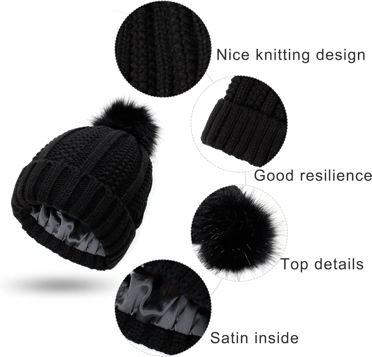 Winter Beanie Hat for Women Cotton Lined Pompom Hats Womens Chunky Trendy Warm Thick Knit Cap
