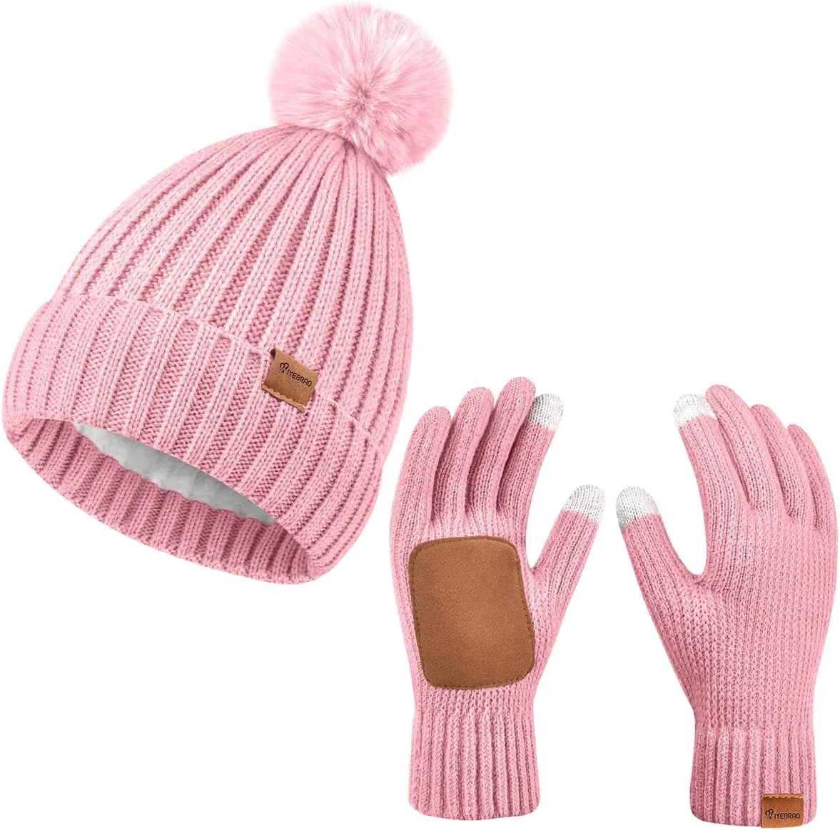 Womens Beanie Hat Gloves Set Winter Knitted Beanie Hat for Women With Pom Pom Warm Touchscreen Gloves Set for Cold Weather